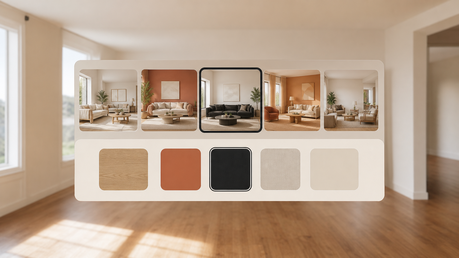 AI Renovation features page displaying virtual staging options and design style selections for real estate photos.