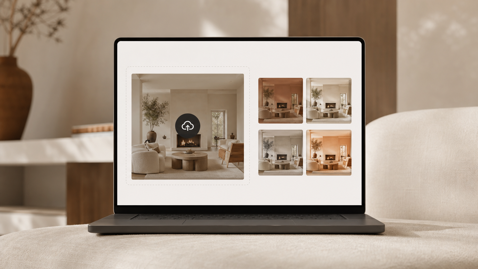 Virtual staging AI upload interface showing the three-step workflow for processing a room photo with design options.