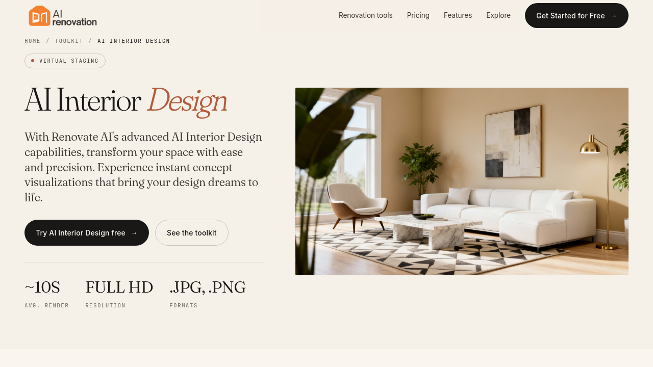 AI Renovation's interior design tool showing a side-by-side comparison of an original room and its AI-redesigned version in a different style.