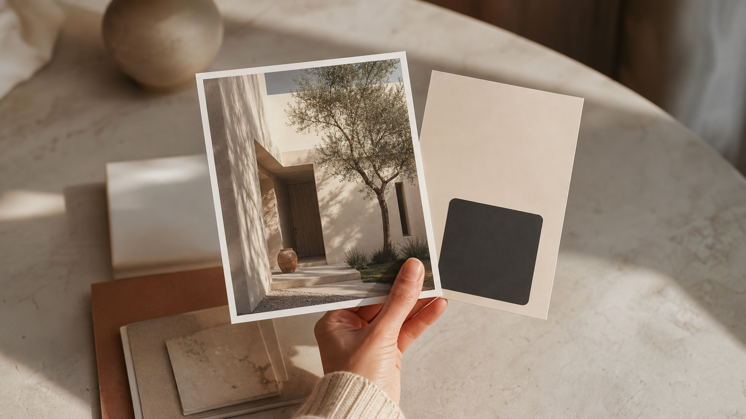 A homeowner evaluating photorealistic render quality by comparing it to actual materials and lighting, showing evaluation criteria