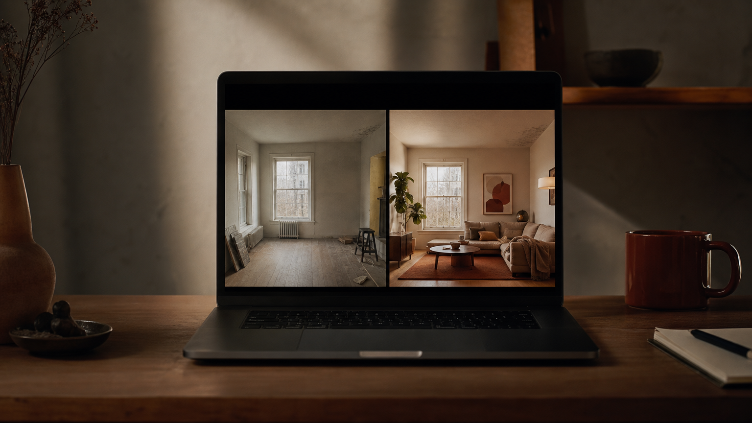 A laptop displaying the AI home staging process with a before-and-after comparison of a vacant room transformed with virtual furniture and decor, showing how the technology transforms listing photogra