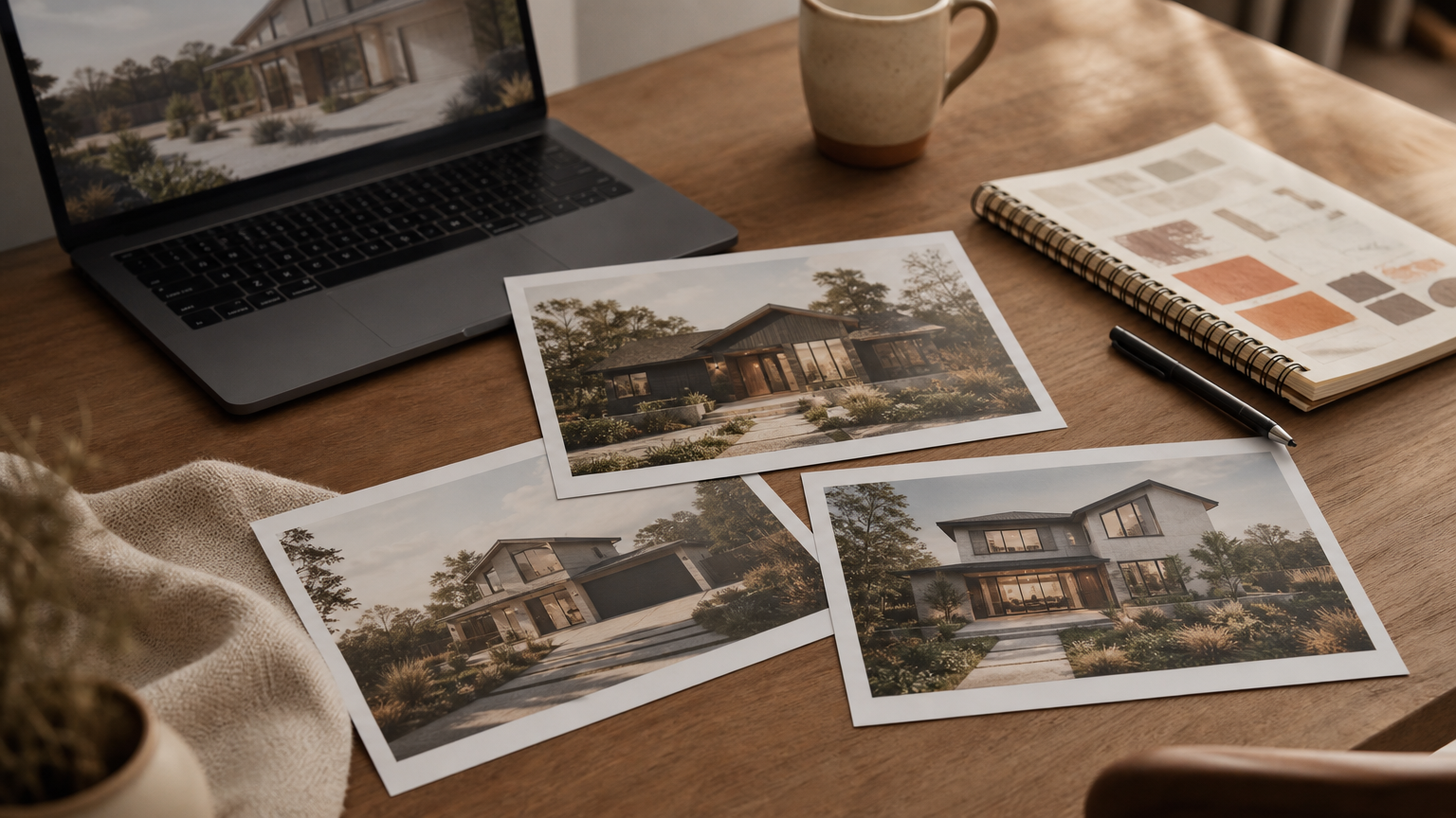 A designer's workspace showing multiple AI-generated home exterior variations printed out, arranged for side-by-side comparison during a Saturday design session.