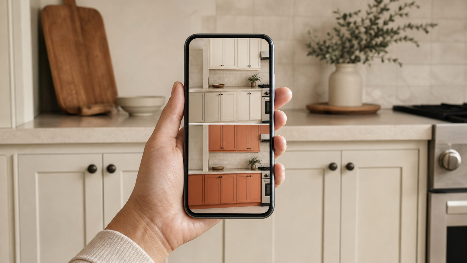 Smartphone screen showing an AI kitchen visualizer with white cabinet color applied to actual kitchen cabinetry for preview.