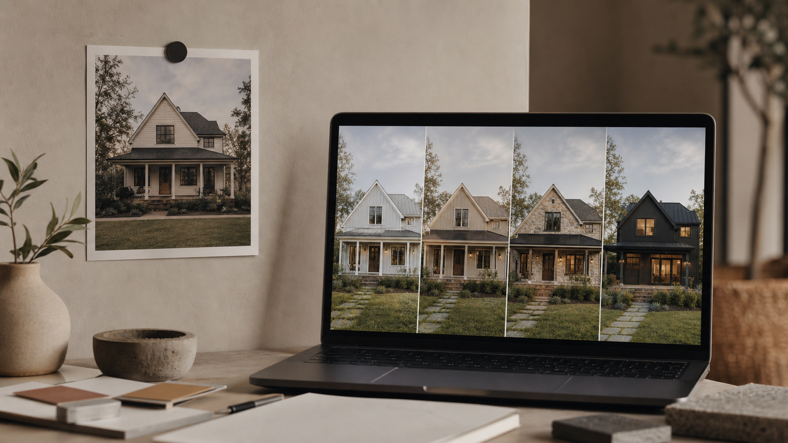 A workspace showing a printed house photo and laptop displaying multiple AI-rendered exterior design variations for comparison.