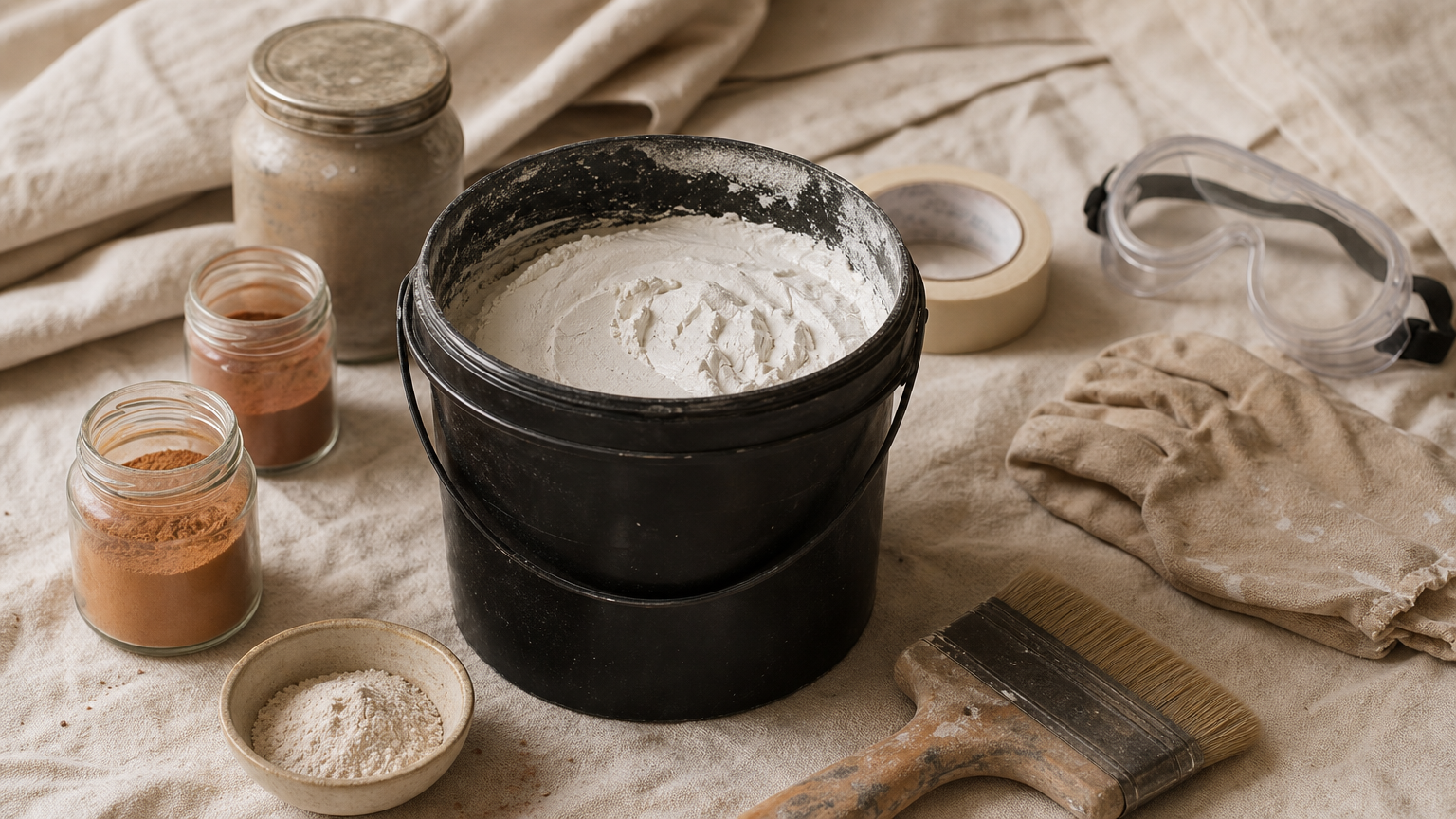 Arranged limewash materials on a canvas drop cloth including bucket, pigments, brush, gloves, and safety gear.