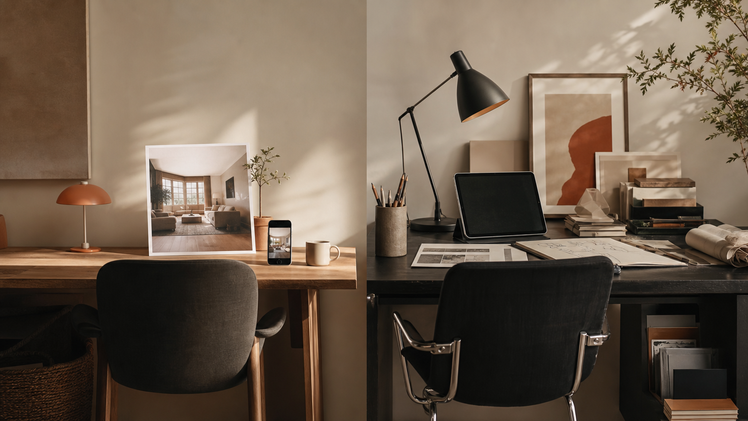 Two different workspace setups representing a casual homeowner with minimal tools and a professional designer with full software suite.