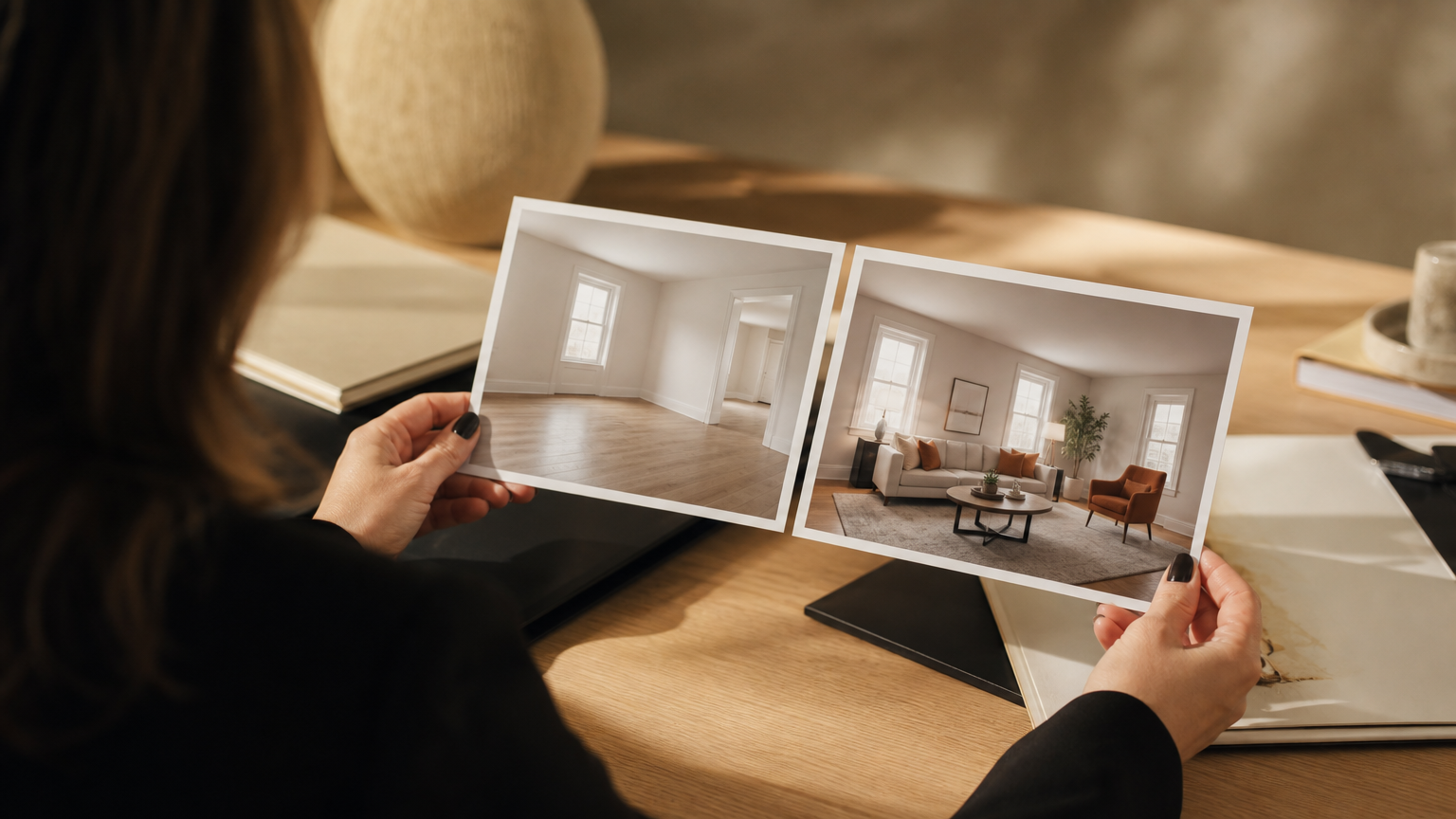 Real estate agent comparing before-and-after listing photos to evaluate the impact of virtual staging on buyer perception.