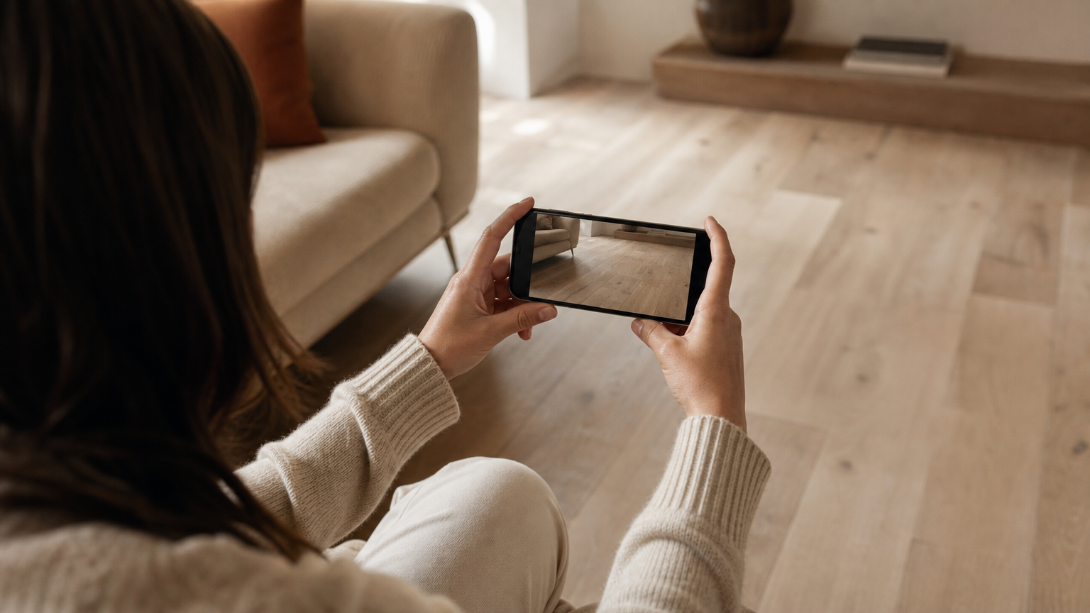 Homeowner photographing their room's floor with a smartphone to use in an AI flooring visualizer tool.