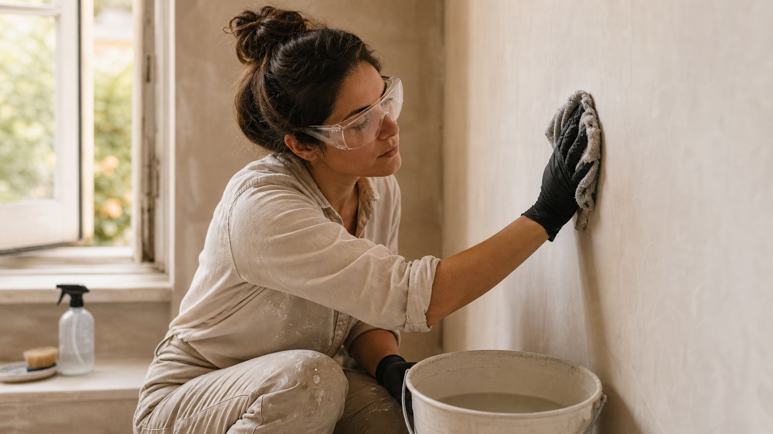 A person in protective gloves and safety glasses preparing a wall surface with a damp rag, demonstrating proper safety precautions and surface cleaning before limewash application.
