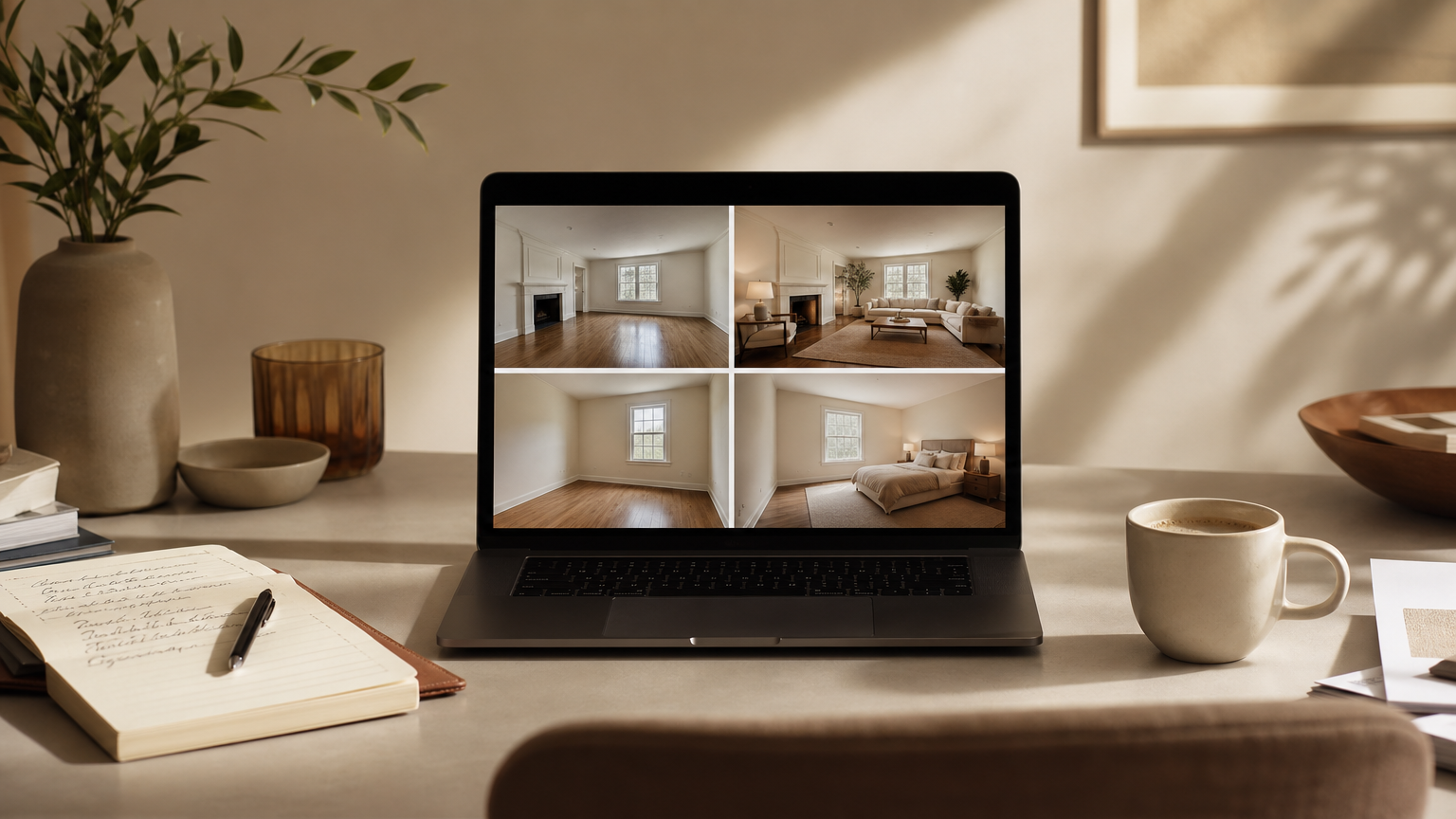 A real estate professional's workspace with a laptop showing before-and-after virtual staging comparisons and evaluation notes.