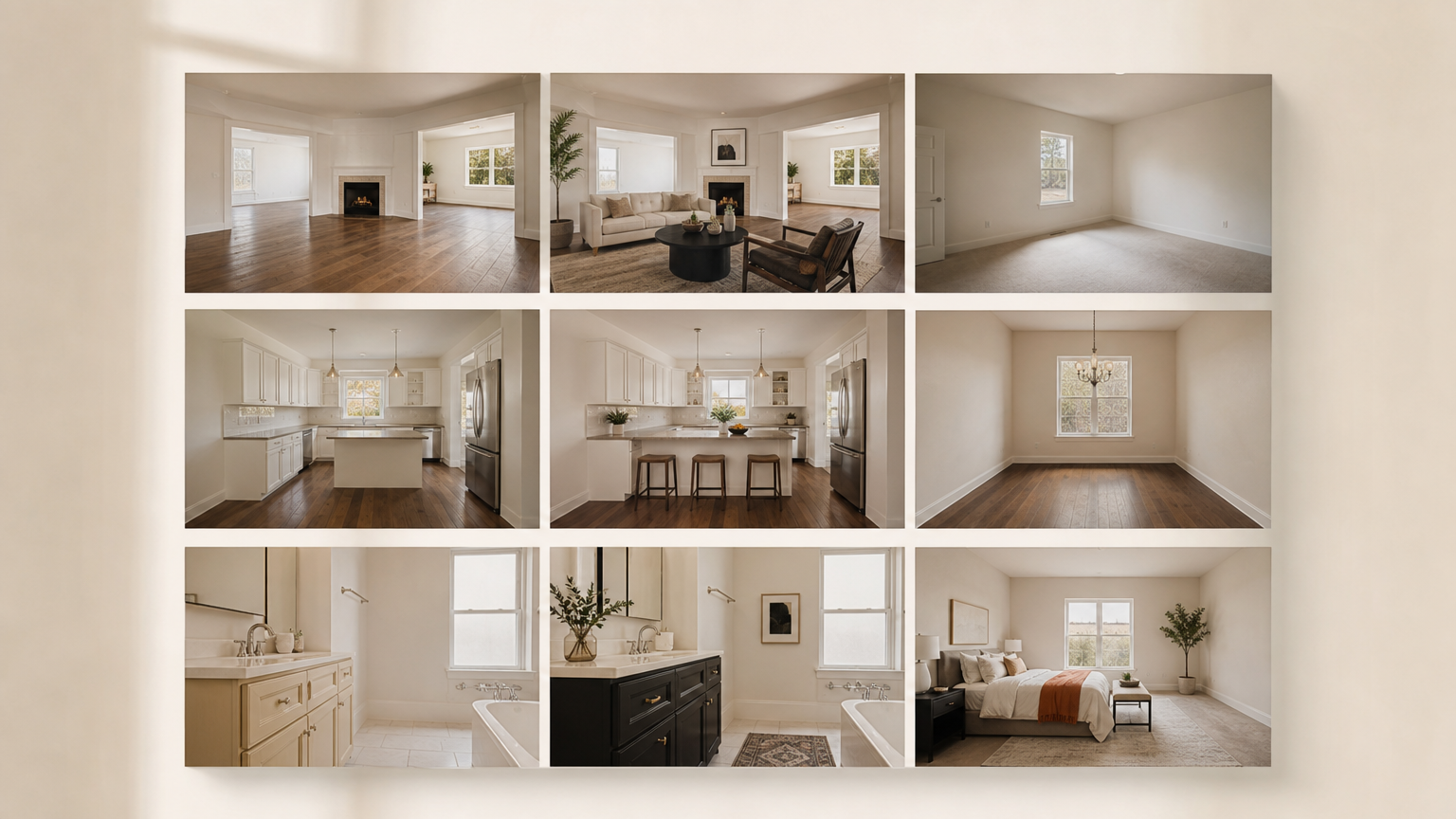Gallery of real virtual staging examples showing AI-furnished rooms in different styles, demonstrating photorealistic output quality.