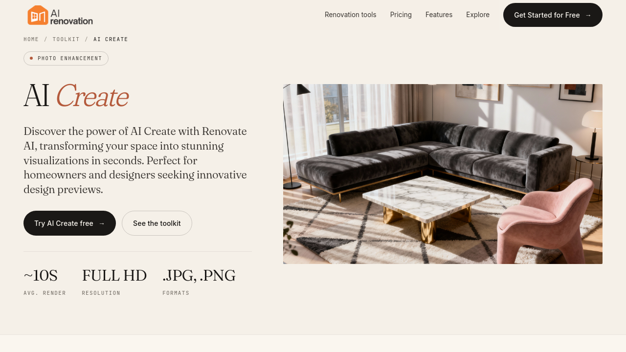 A renovation visualizer's upload and design interface showing a room photo and options to select style and design parameters before generating a render.