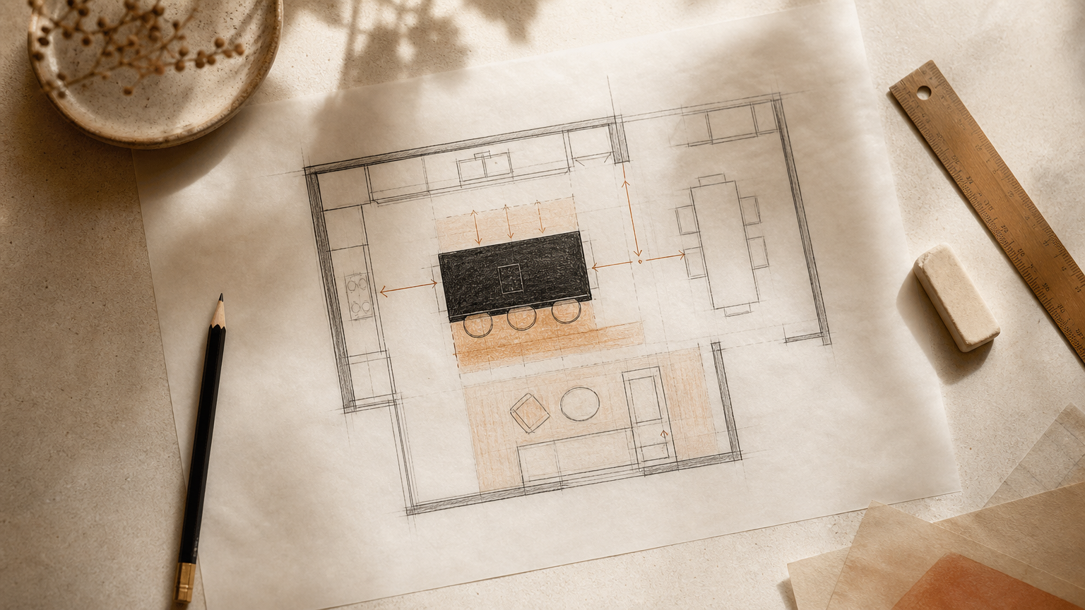 Kitchen island layout planning showing proper aisle width spacing and seating zone positioning for functional kitchen design.