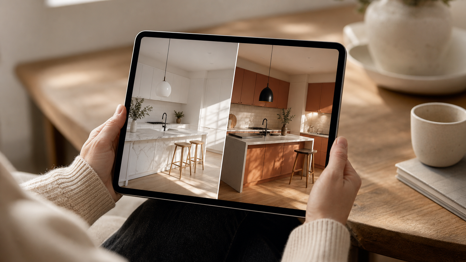 Before and after comparison of a kitchen shown on a tablet screen using a home renovation visualizer