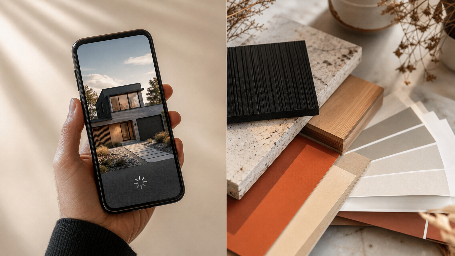 Contrast between a fast, free AI app rendering on a phone and a professional designer's detailed material palette and swatches for exterior home design.