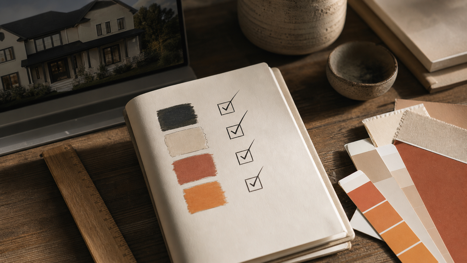 Evaluation criteria with paint color samples and design notes on a workspace, representing the ranking methodology for AI home exterior tools.