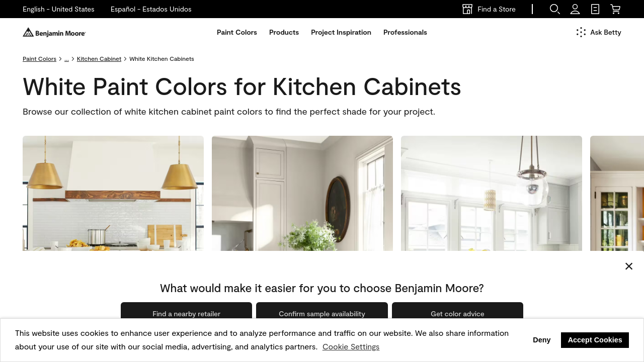 Benjamin Moore website showing white paint colors for kitchen cabinets with LRV and undertone information.