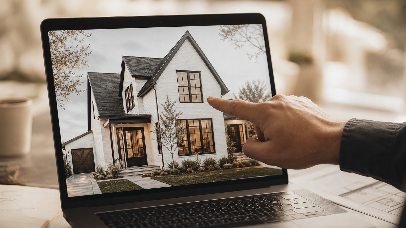 A contractor examining an AI-generated home exterior render on screen, reviewing architectural details like window frames and roof proportions.