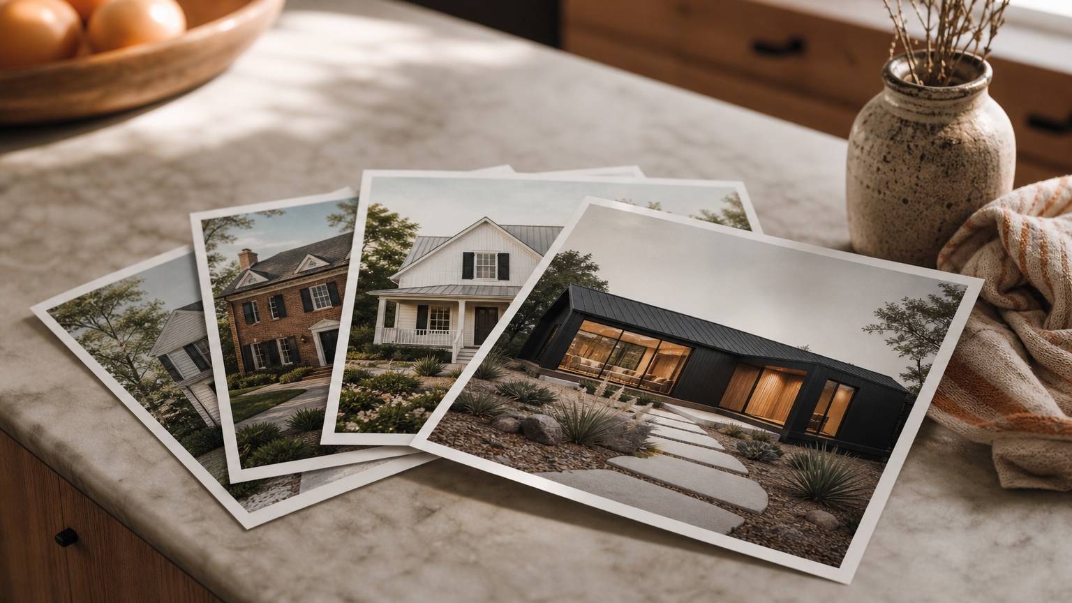 Multiple AI-generated exterior design options laid out on a table, showing different architectural styles for comparison and decision-making.