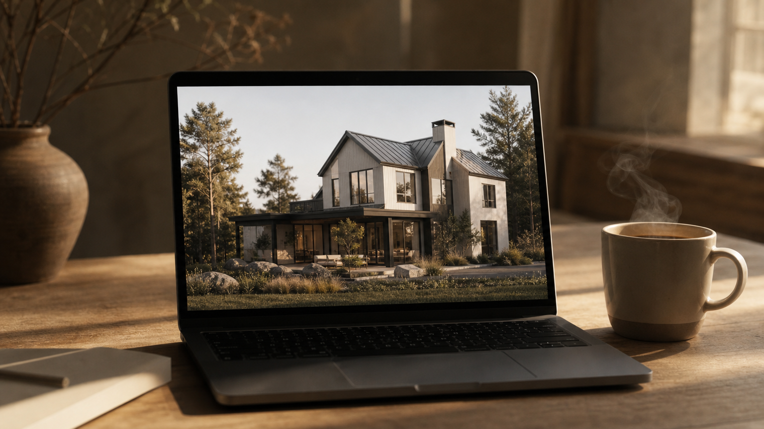 A laptop showing an AI-generated house exterior design during the evaluation process of selecting the right design tool.