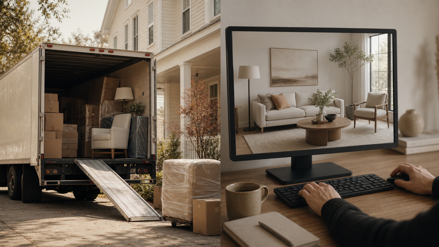 A side-by-side visual comparison of traditional furniture staging delivery truck alongside a keyboard and monitor showing AI virtual staging, contrasting the two home staging approaches.