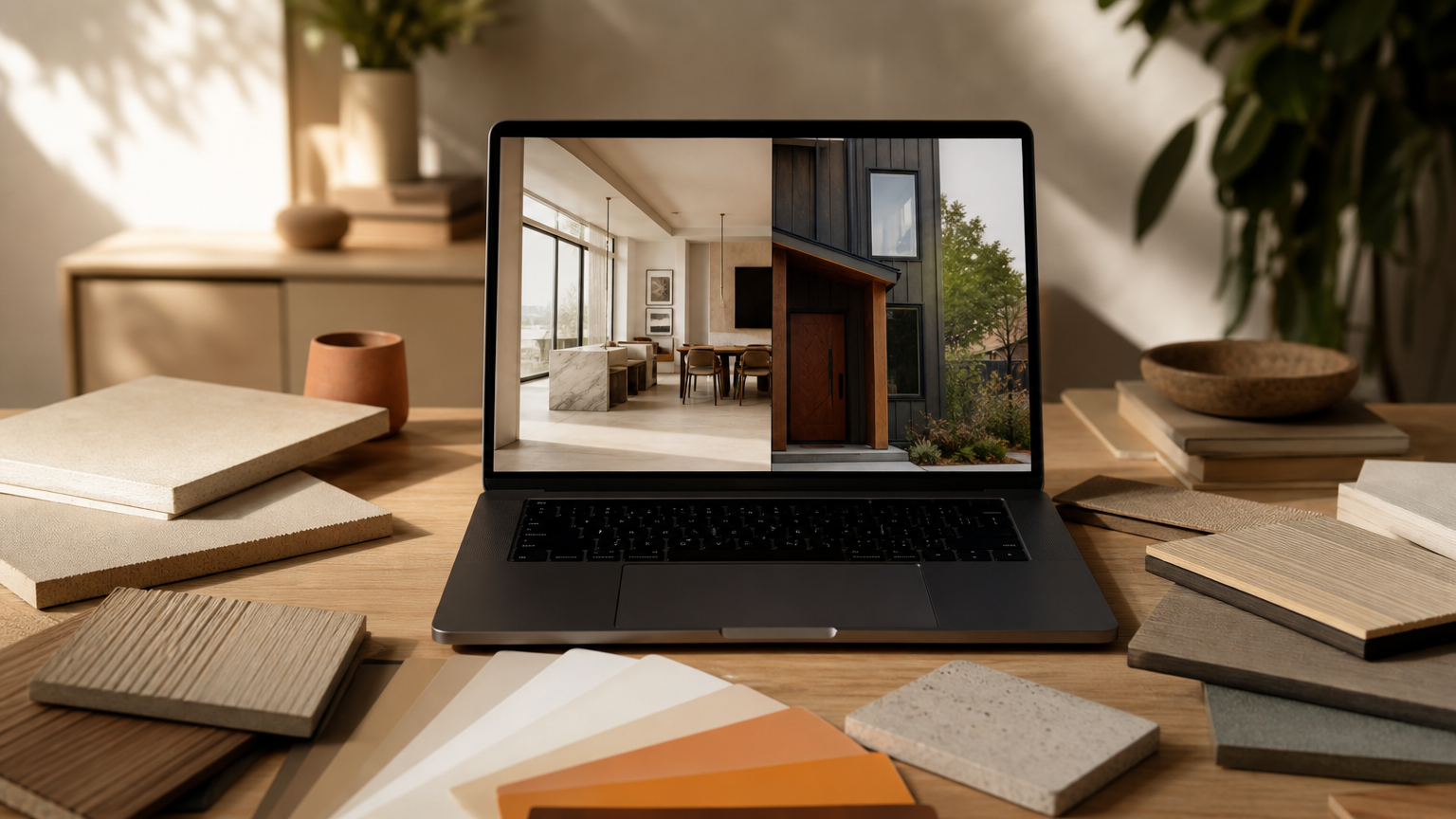 Design workspace showing various home renovation visualizer tools and physical material samples for comparison