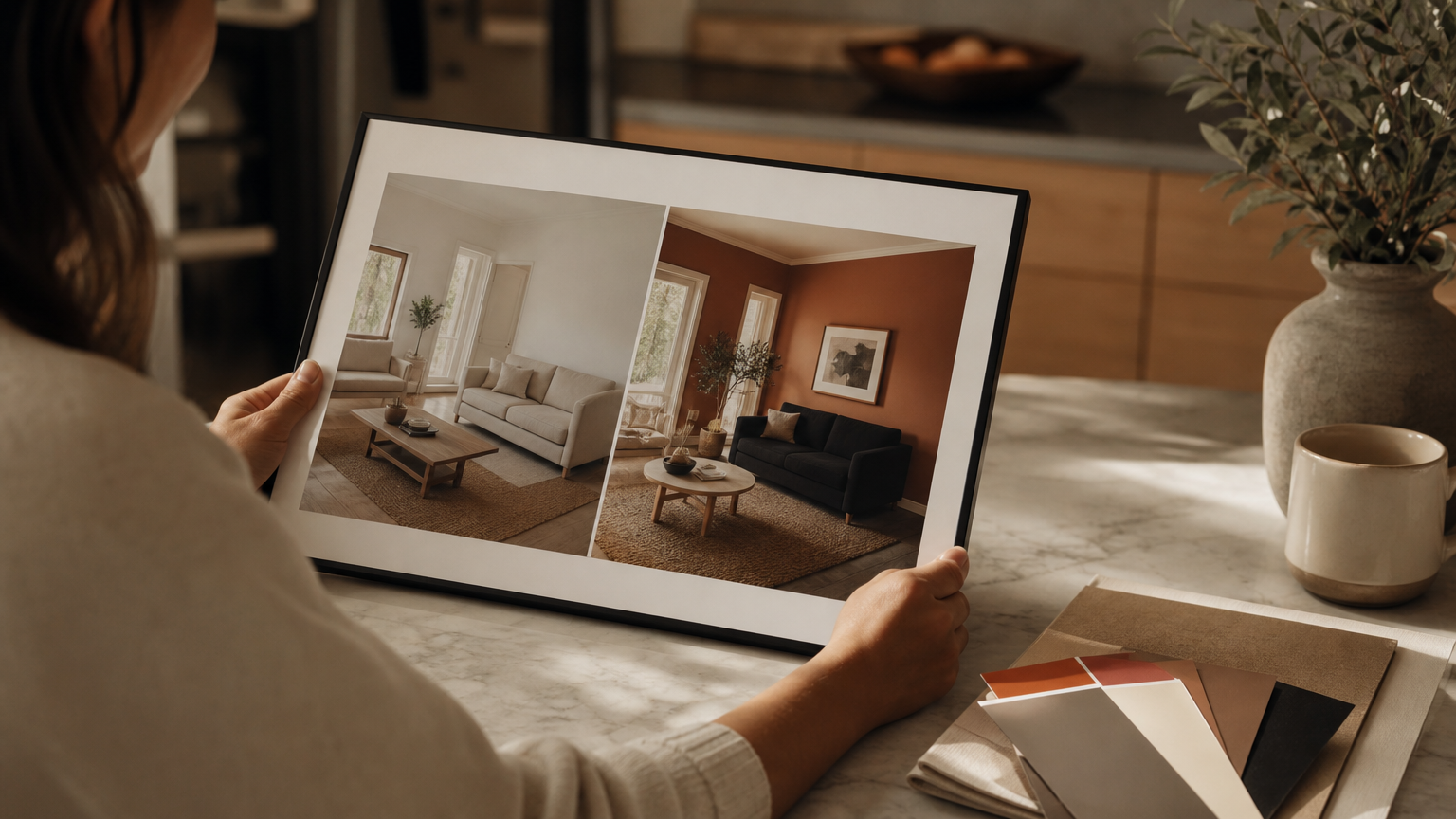 A homeowner reviewing printed AI room redesign mockups and paint color samples on a table before making renovation decisions.