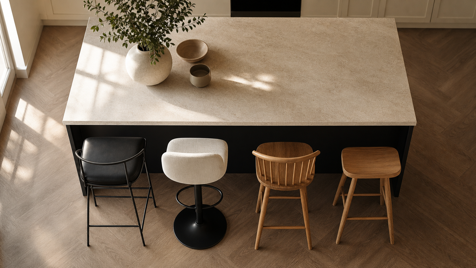 Kitchen island seating style variety including modern metal, upholstered, wood, and backless counter stools arranged around an island.