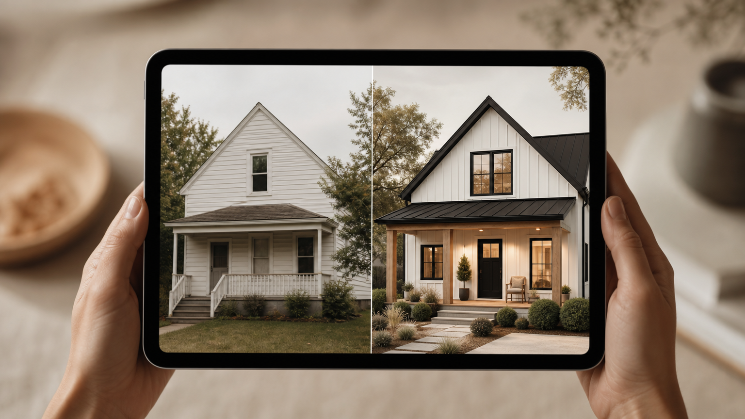 AI Renovation tool interface displaying an uploaded home exterior photo and an AI-generated redesign side by side.