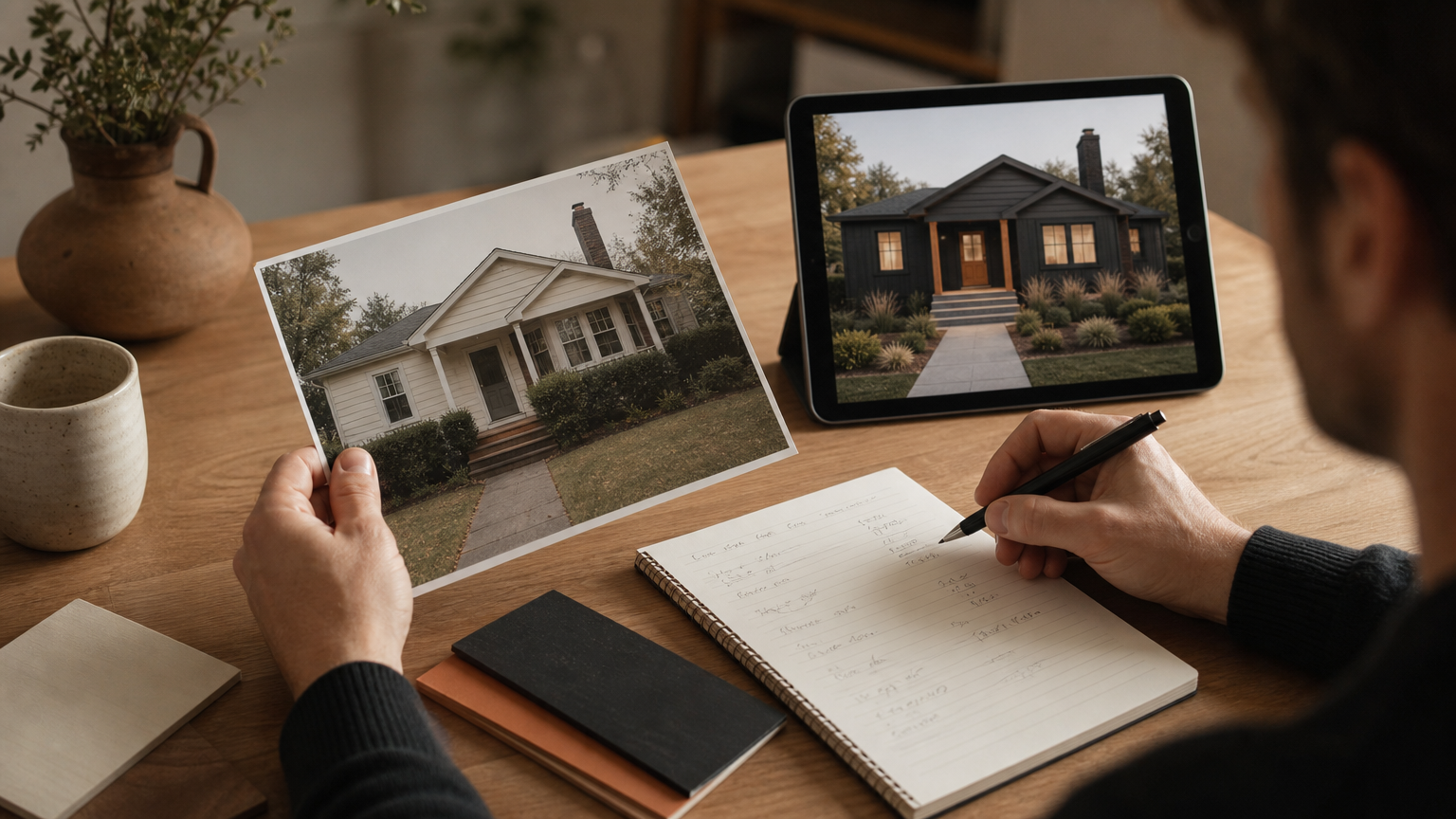 Homeowner comparing renovation visualizations to plan a remodel and avoid costly post-installation regrets