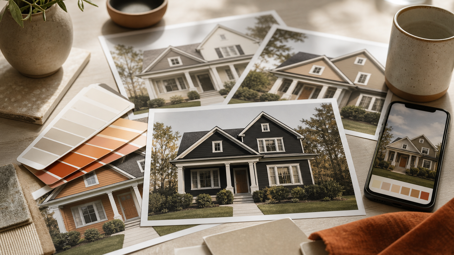 A homeowner's research desk showing various exterior design concepts and tools, illustrating the process of selecting the right design approach for their renovation project.