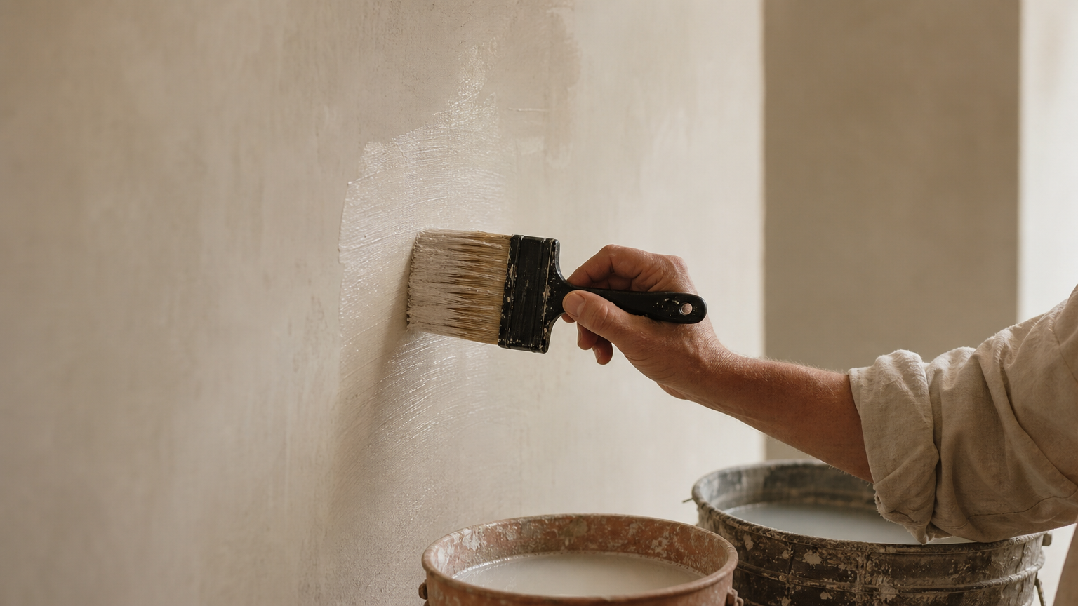 A painter applying thin, translucent coats of mineral limewash with a natural-bristle brush, demonstrating the proper layering technique that builds depth and texture over multiple coats.