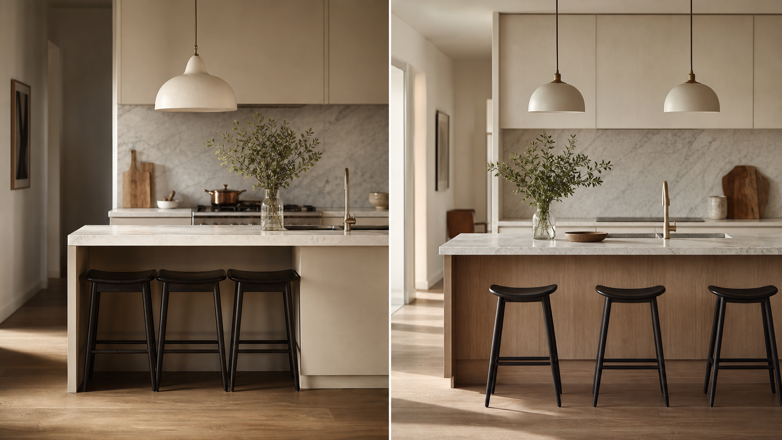 Common kitchen island seating mistakes versus proper design showing the difference between cramped and well-proportioned seating configurations.