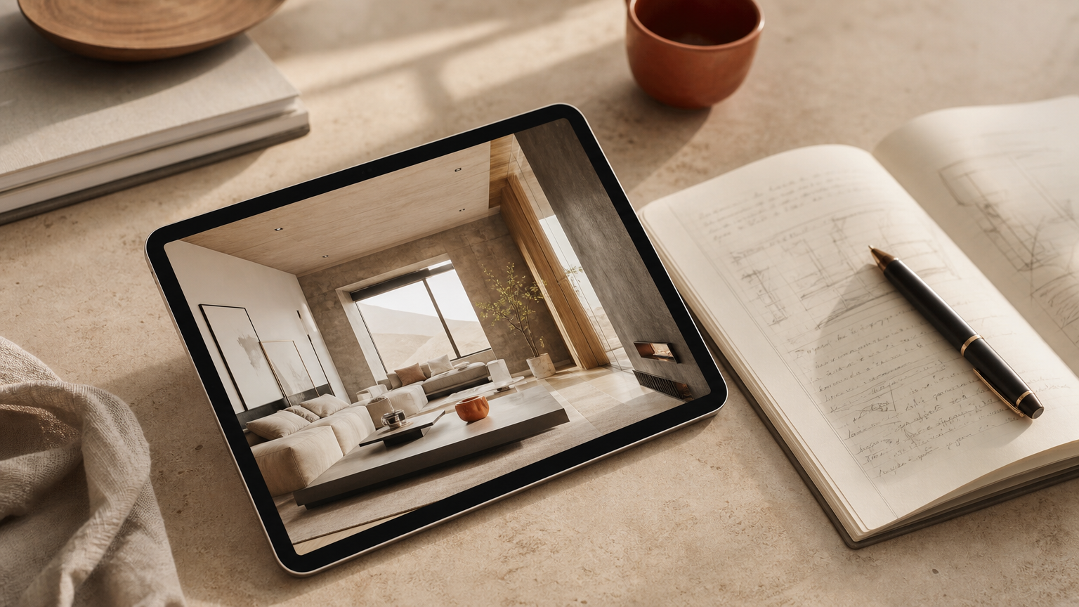 A homeowner reviewing high-resolution interior design output on a tablet, demonstrating export quality requirements