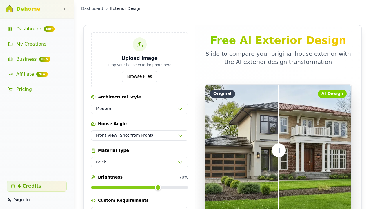 DeHome.ai displaying a home exterior design transformation, with the original facade and AI-generated styled version visible for comparison.