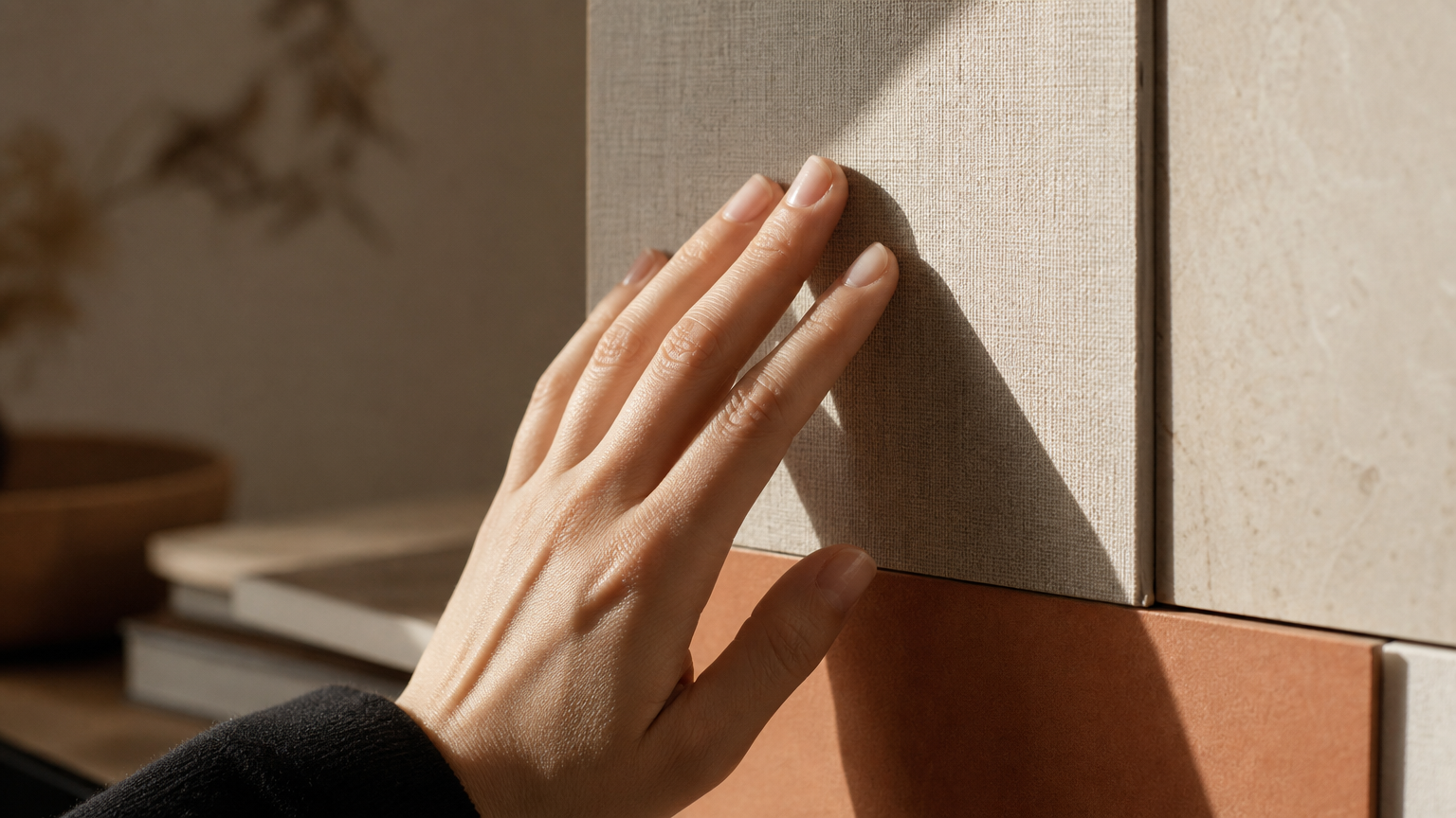 Designer's hand evaluating the photorealism and material texture of an AI-rendered interior design sample.