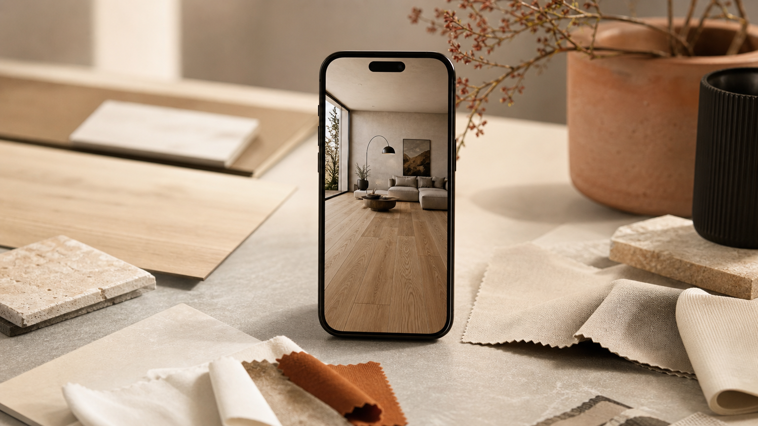Designer workspace showing a smartphone with an AI flooring visualization next to physical samples and color swatches.