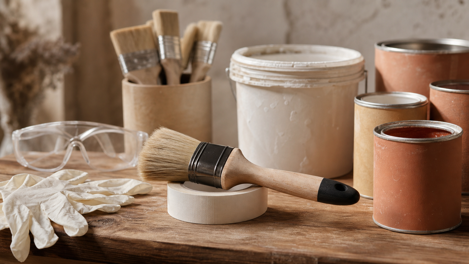 Limewash painting supplies arranged on a work surface, including natural-bristle brushes, primer, protective gloves, safety glasses, drop cloths, and buckets for mixing mineral limewash.