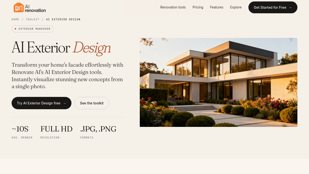 AI design tool showing uploaded house photo alongside a palette of architectural style options to choose from.