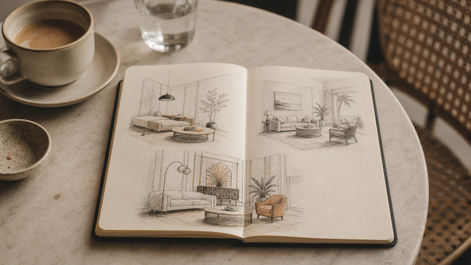 Interior design style vocabulary and mood sketches representing the range of design options in AI room tools