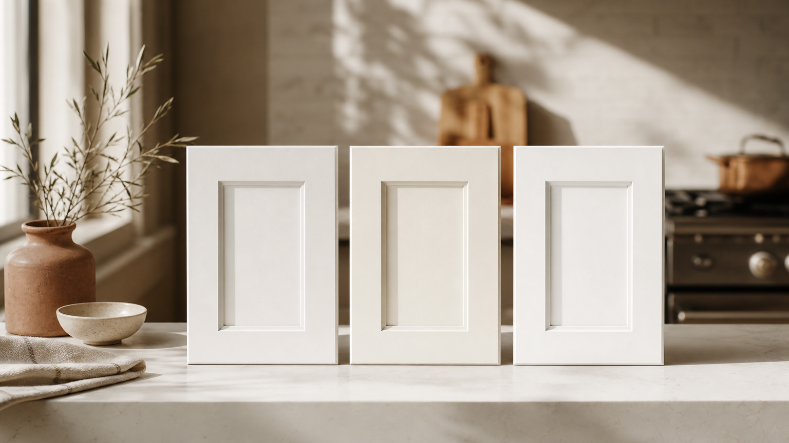 Three white paint samples on a kitchen countertop in natural light, demonstrating how undertone and LRV affect appearance.