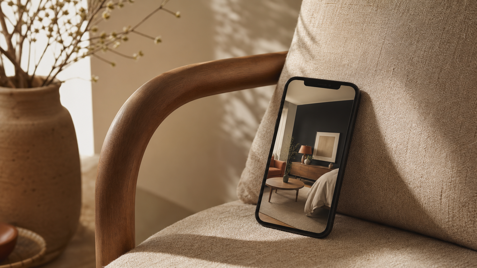 A homeowner using an AI interior design app on a smartphone to visualize a single-room renovation