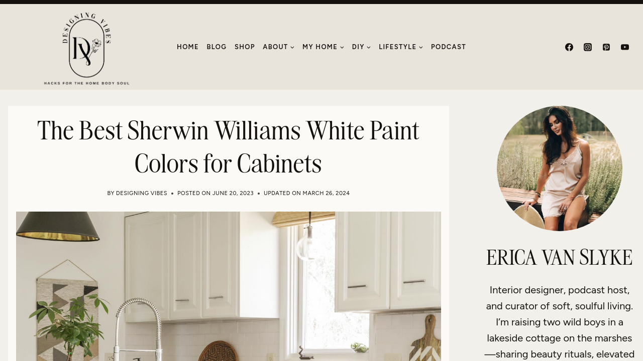 Sherwin-Williams color palette showing white cabinet paint options including Alabaster with undertone and LRV details.