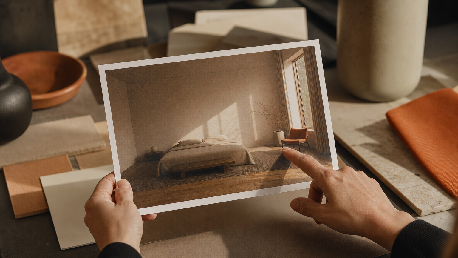 A close-up of someone evaluating virtual staging quality by examining shadow detail, furniture proportions, and lighting accuracy on a printed photo.