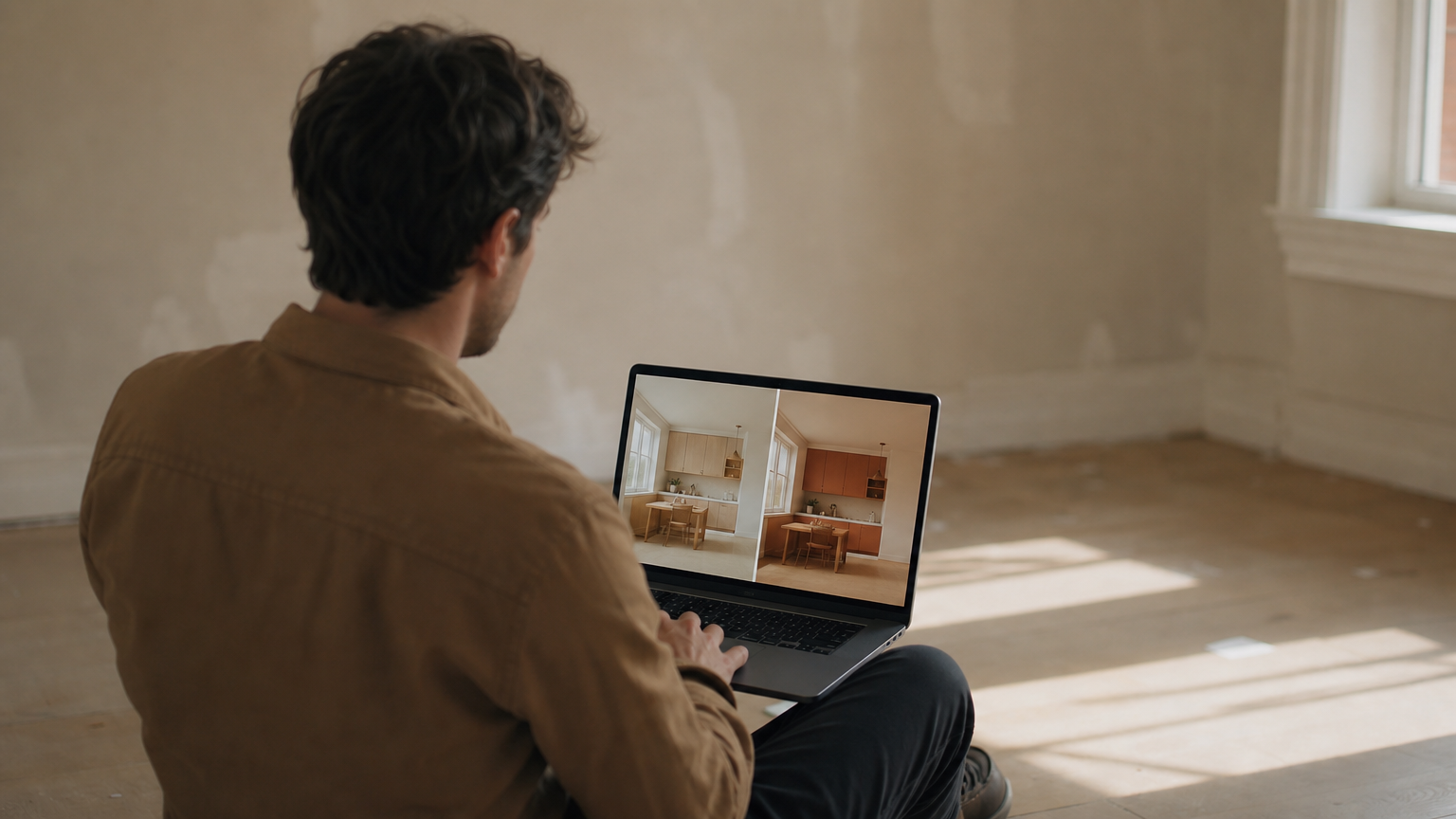 Homeowner using a laptop to evaluate and compare multiple AI interior design options for their living room.