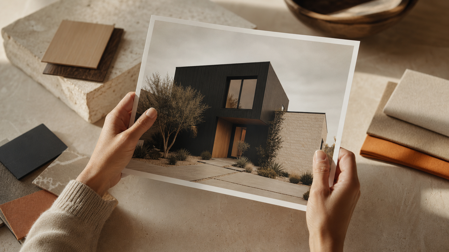 A person examining a printed AI-generated exterior design, evaluating material details and color palette choices for their home renovation.