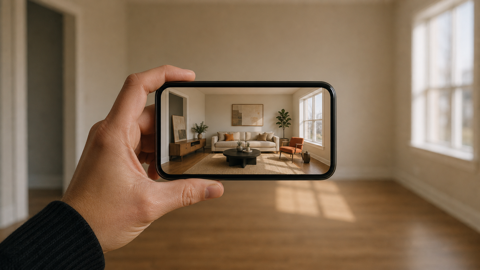 A real estate agent holding a phone showing a virtual staging preview in an empty living room, comparing the AI-rendered furniture to the actual space.
