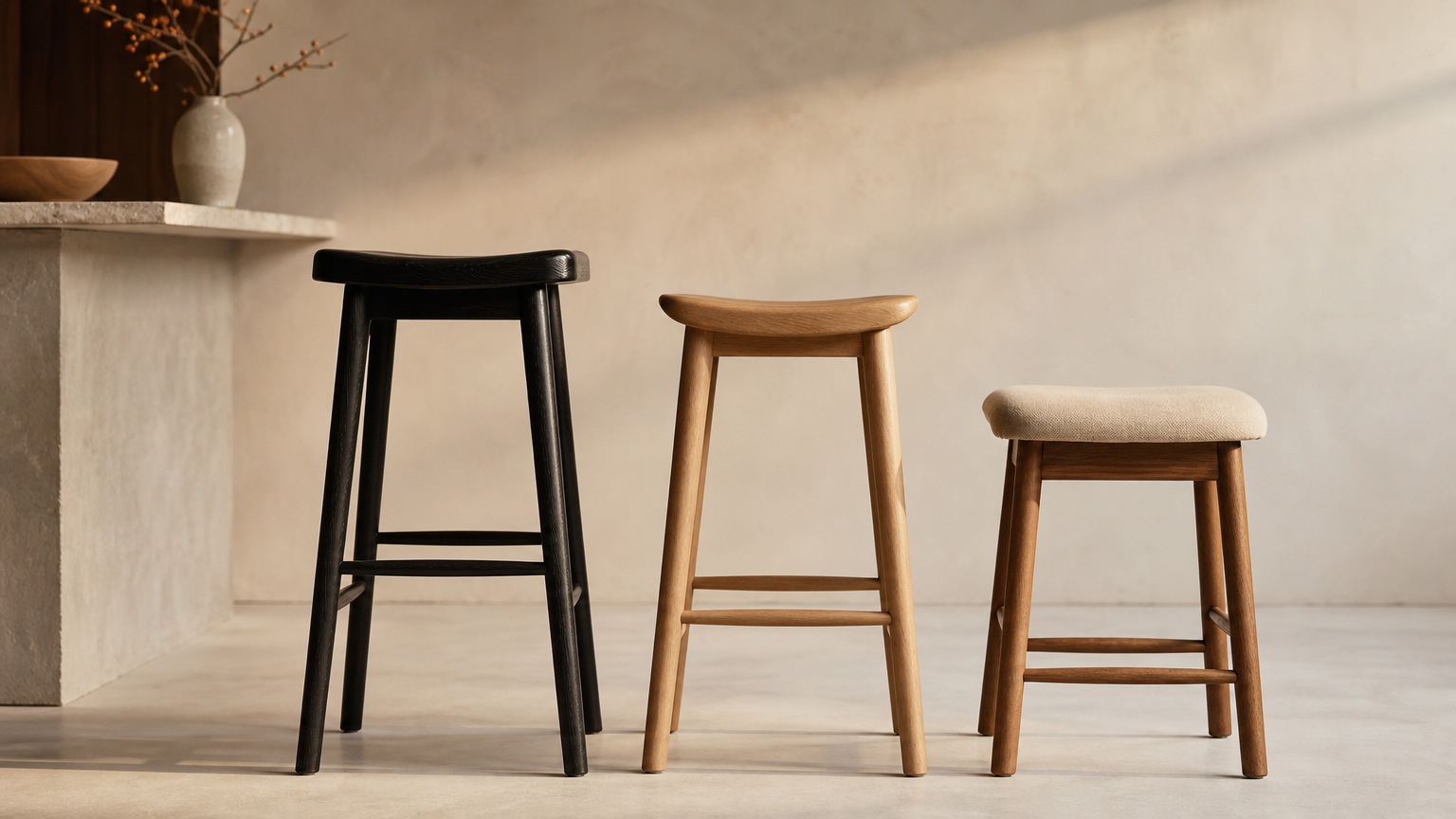 Kitchen island stool height comparison showing counter stools, bar stools, and dining chairs at proper clearance heights.