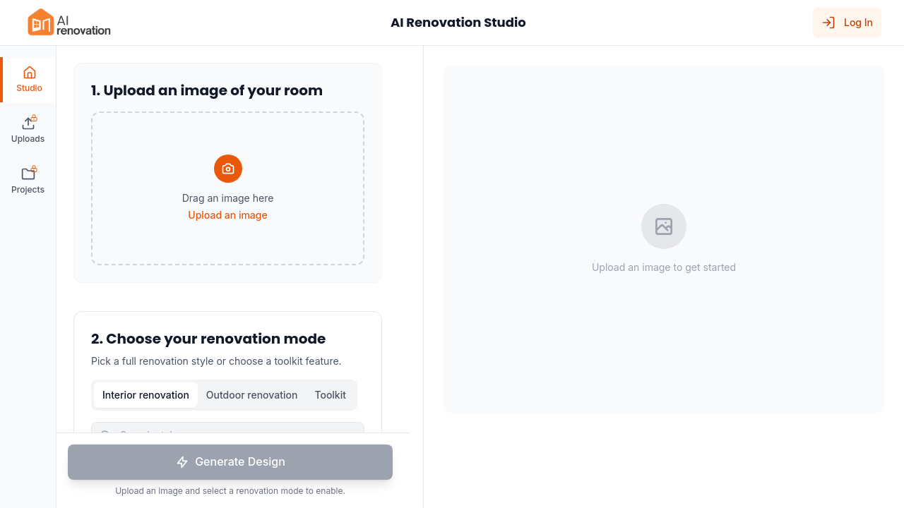 The AI Renovation create tool interface showing the upload step where users select their room photo to begin the makeover process.