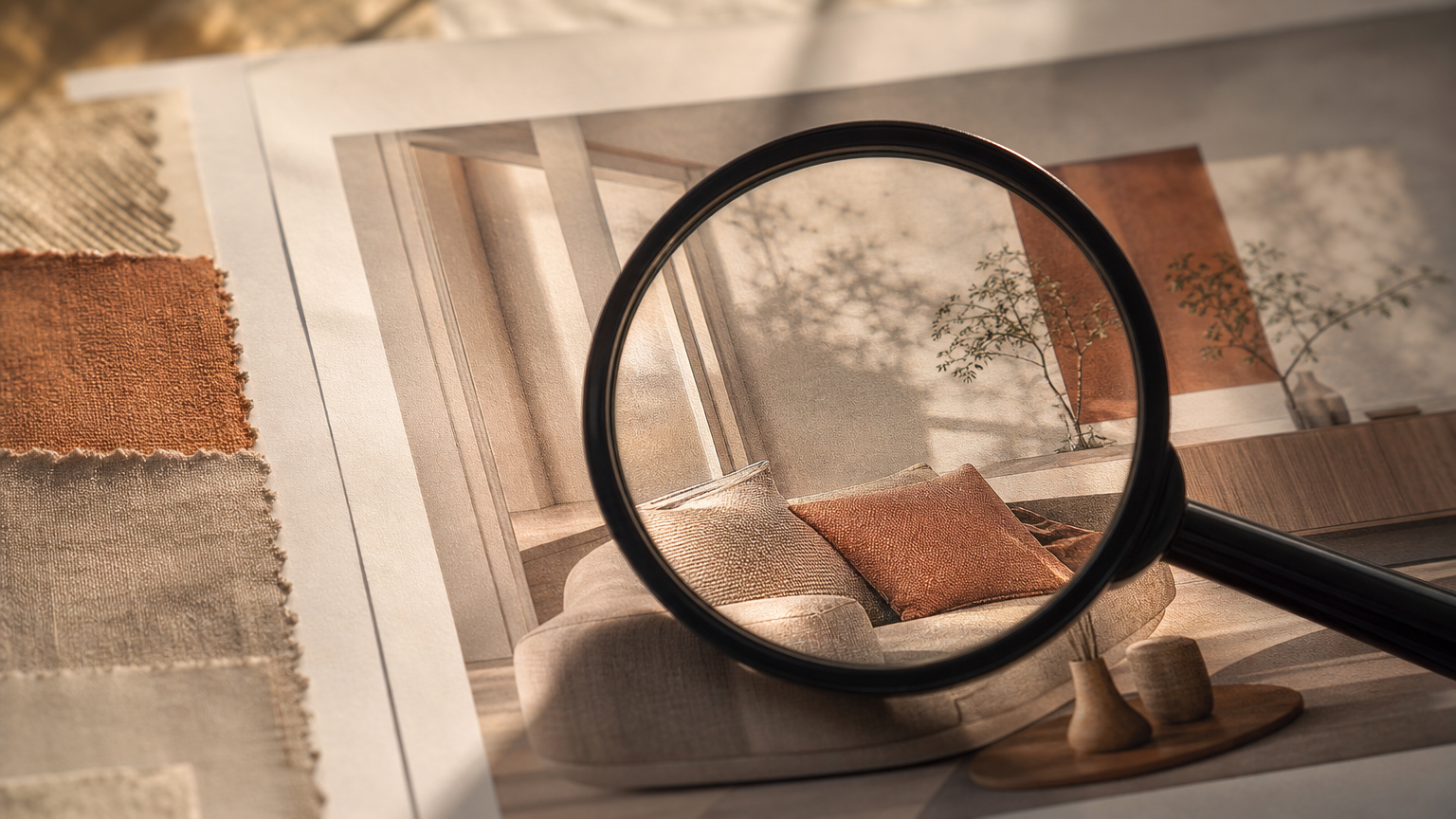 Detail view of evaluating render quality: shadow direction, material fidelity, and photorealism in an interior design output.